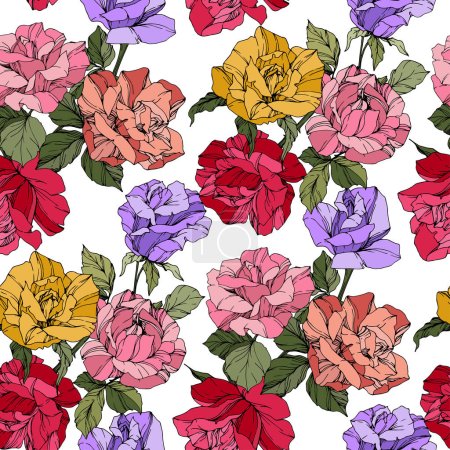 Beautiful vector roses. Floral botanical flowers. Wild spring leaves. Red, yellow and purple engraved ink art. Seamless background pattern. Fabric wallpaper print texture.