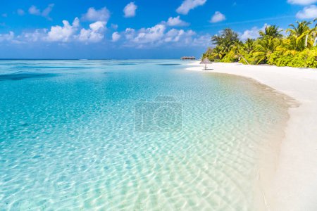 Tropical beach background as summer landscape with beach vibes and white sand and calm sea for beach banner. Perfect beach scene vacation and summer holiday concept, luxury travel destination. Boost up color process