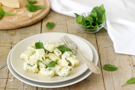 Homemade gnocchi with ricotta, cheese and spinach on a light plate. Selective focus.
