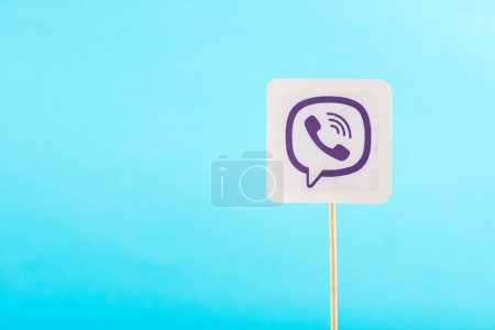 top view of viber icon isolated on blue with copy space