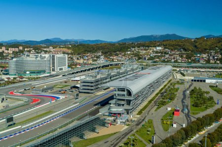 Sochi, Russia - October 2019: Sochi Autodrom in the Olympic Park, aerial photography