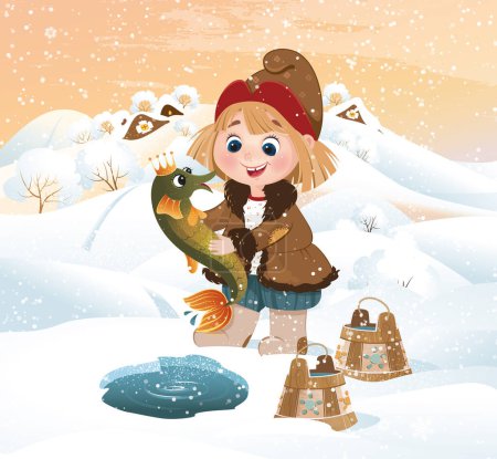   Russian Russian village, illustration, background, boy, Emelya, pike, hole, winter, snow, Russian village, Russian style, nature, fairy tale, character, hero