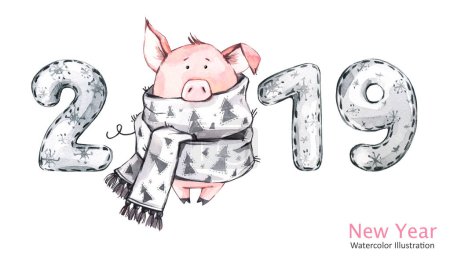 2019 Happy New Year banner. Cute pig in winter scarf with numbers. Watercolor illustration. Symbol of winter holidays. Zodiac sign. Perfect for calendar and celebration card.