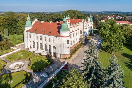 Renaissance castle, palace in Baranow Sandomierski in Poland, often called little Wawel. Aerial view.