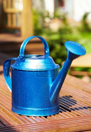 Blue watering can in garden