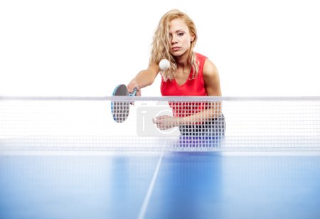 Woman playing ping-pong isolated on white