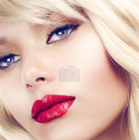 Beautiful Blond Woman Makeup.Red Lipstick.Retro Style