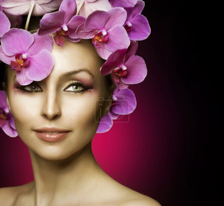 Beautiful Spring Girl With Orchid Flowers Over Black