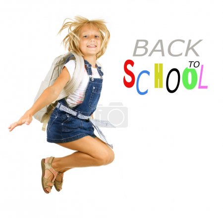 Back To School. Happy Pupil Jumping. Isolated On White