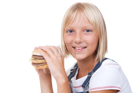 Happy Little Girl Eating Hamburger