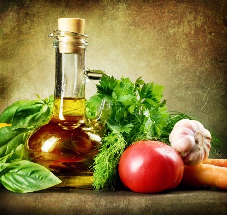 Healthy Vegetables and Olive Oil. Vintage Styled