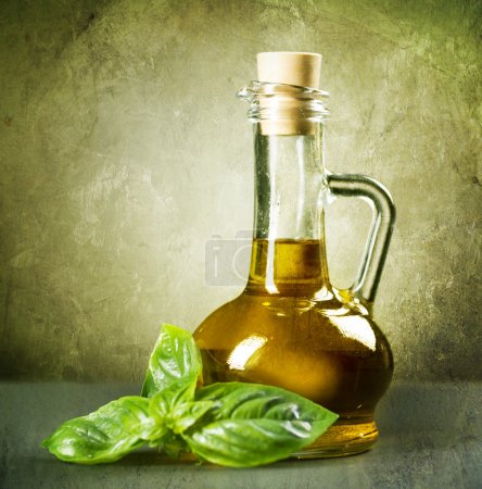 Olive Oil With Fresh Basil. Vintage Styled