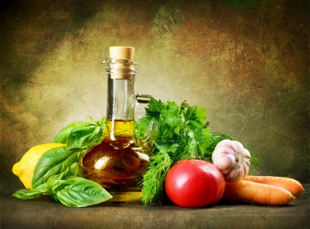 Healthy Vegetables And Olive Oil. Vintage Styled