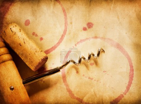 Wine Background. Wine Cork, Corkscrew And Red Wine Stains On The