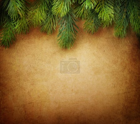 Christmas Fir Tree Border over Vintage background