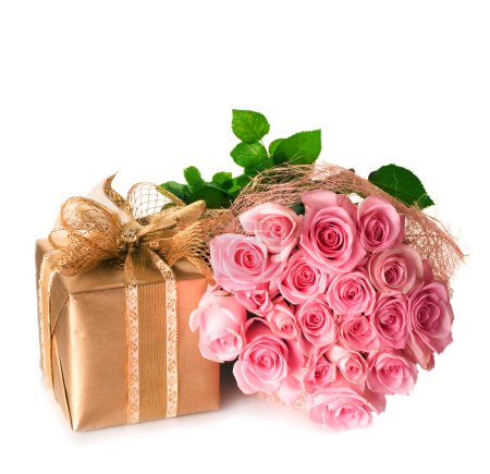 Gift Box And Roses Bouquet