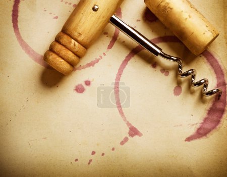 Wine Background. Wine Cork, Corkscrew And Red Wine Stains On The