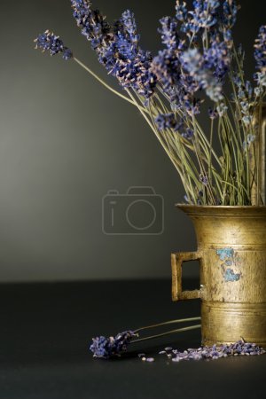 Lavender And Antique Mortar. Natural Cosmetics Concept