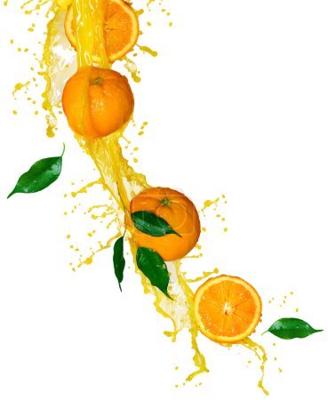 Orange fruits and Splashing Juice over white