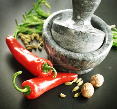 Mortar With Pestle, Herbs And Spices