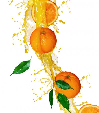 Orange fruits and Splashing Juice over white