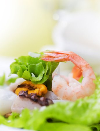 Healthy Seafood Salad with shrimps, octopus and mussels