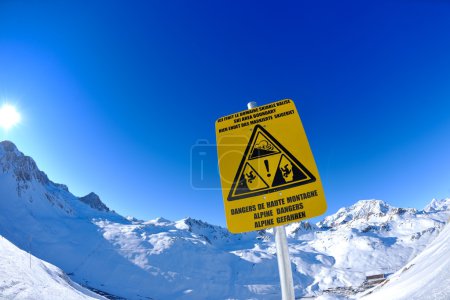 Sign board at High mountains under snow in the winter