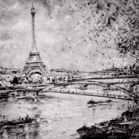 Black and white illustration of Eiffel tower in Paris