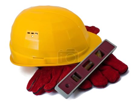 Building helmet, gloves and level