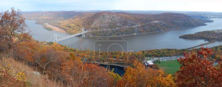 Autumn Mountain aerial view panorama with bridge