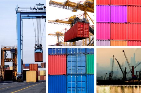 Collage of industrial cranes for cargo containers