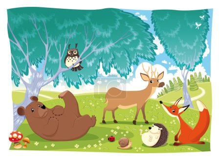 Animals in the wood. animal, autumn, background, bear, bird, childhood, cloud, color, daisy, deer, fable, fairy, fauna, flower, forest, fox, grass, hedgehog, illustration, isolated, ladybird, ladybug,