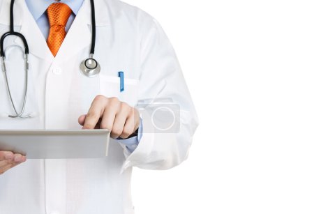 Doctor working on a digital tablet with copy space