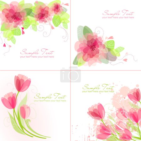Set of 4 Romantic Flower Backgrounds in pink and white