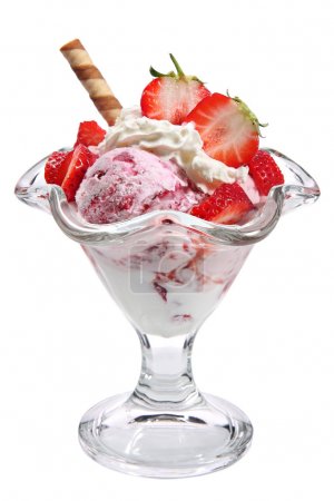 Ice cream with strawberries and whipped cream