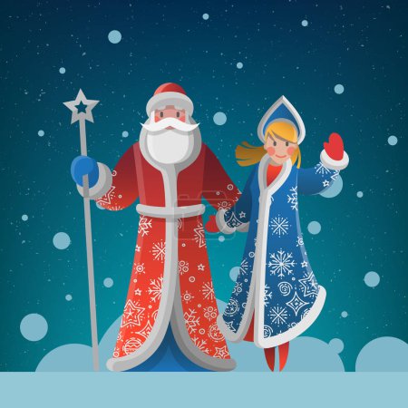 New Year greeting card with Father Frost and Snow Maiden
