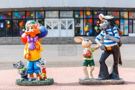 30 APRIL 2018, UFA, RUSSIA: Beautiful statues of famous Russian cartoon characters Cat Leopold and Wolf with the Hare in the square in the city of Ufa