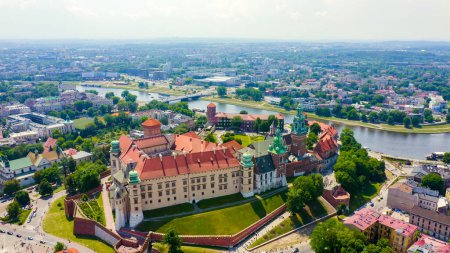 Krakow, Poland. Wawel Castle. Ships on the Vistula River. View of the historic center, Aerial View  