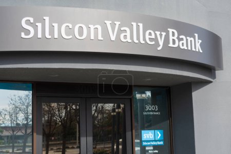 Silicon Valley Bank facade at high-tech commercial bank headquarters in South San Francisco Bay area