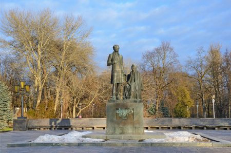 Pskov, Russia, December, 31, 2017. The monument to poet Alexander Pushkin and his nanny Arina Rodionovna