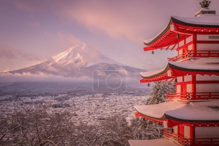 Chureito pagoda and mountain Fuji in winter, Japan.