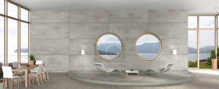 3D rendering of avant-garde architecture living room with view to the sea