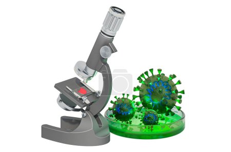 Virus Research concept, microscope with virus. 3D rendering