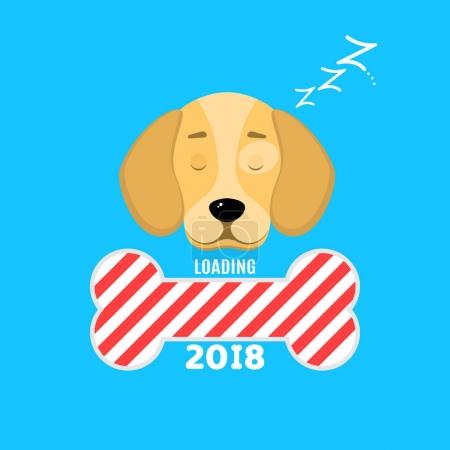 The window is loaded in the form of a bone. A sweet dog is sleeping. Cover for your projects. Year of a dog. Vector illustration in a flat style