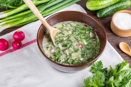 Okroshka, kvass, cucumbers, green onions, Russian cuisine, cold soup, soup, summer food,