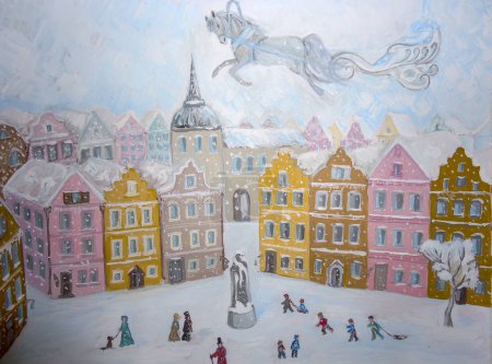 Painting with a pencil. The city, winter and people are walking along the street. A fairy-tale horse with Santa Claus is racing down the sky.