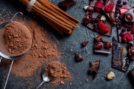 pieces of chocolate with nuts and berries with cinnamon