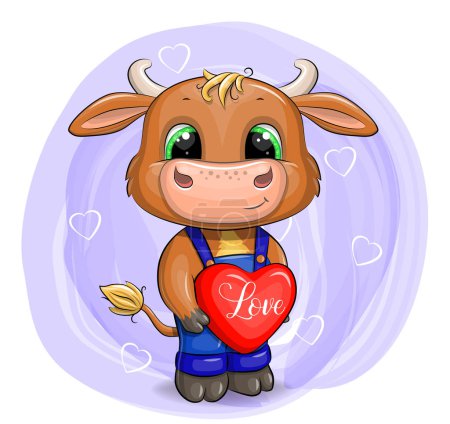 Cartoon cute little baby bull. Animal character with green eyes and red heart in hands.
