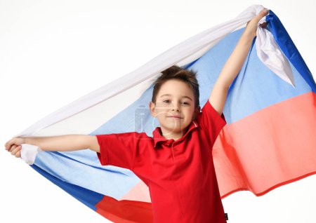 Fan sport boy patriot hold national russian flag celebrating happy smiling laughing free text copy space