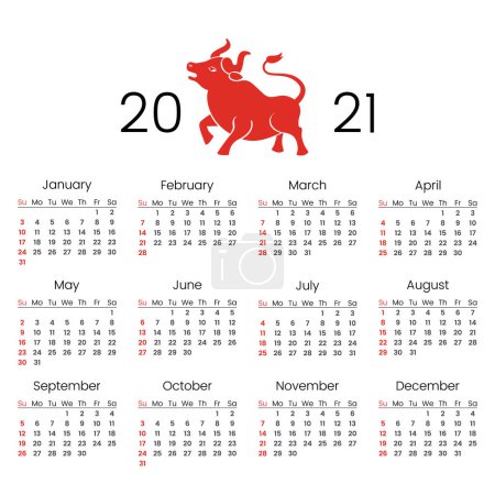 2021 calendar for the new year with the image of a ox. Year of the bull according to the lunar Chinese calendar. Calendar grid. Week starts on Sunday. flat vector illustration isolated on white back